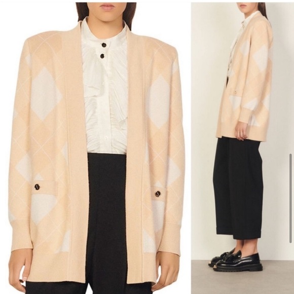 New Sandro Glenda Plaid Wool Cashmere
Cardigan Ecru Diamond Argyle Knit - Picture 4 of 16